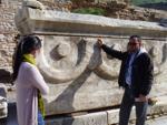 Sonya and the tour guide with a Sarcophagus